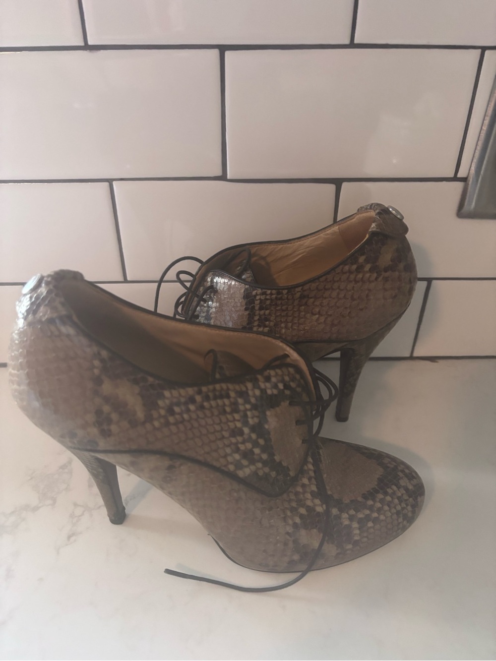 Longchamp Women's Taupe Snake-Print Lace-Up Stiletto Booties